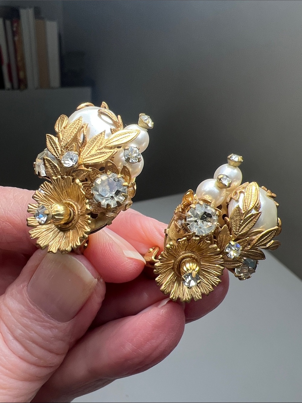 Elaborate Gold-Tone Pearl & Crystal Clip-On Earrings. Estate Vintage